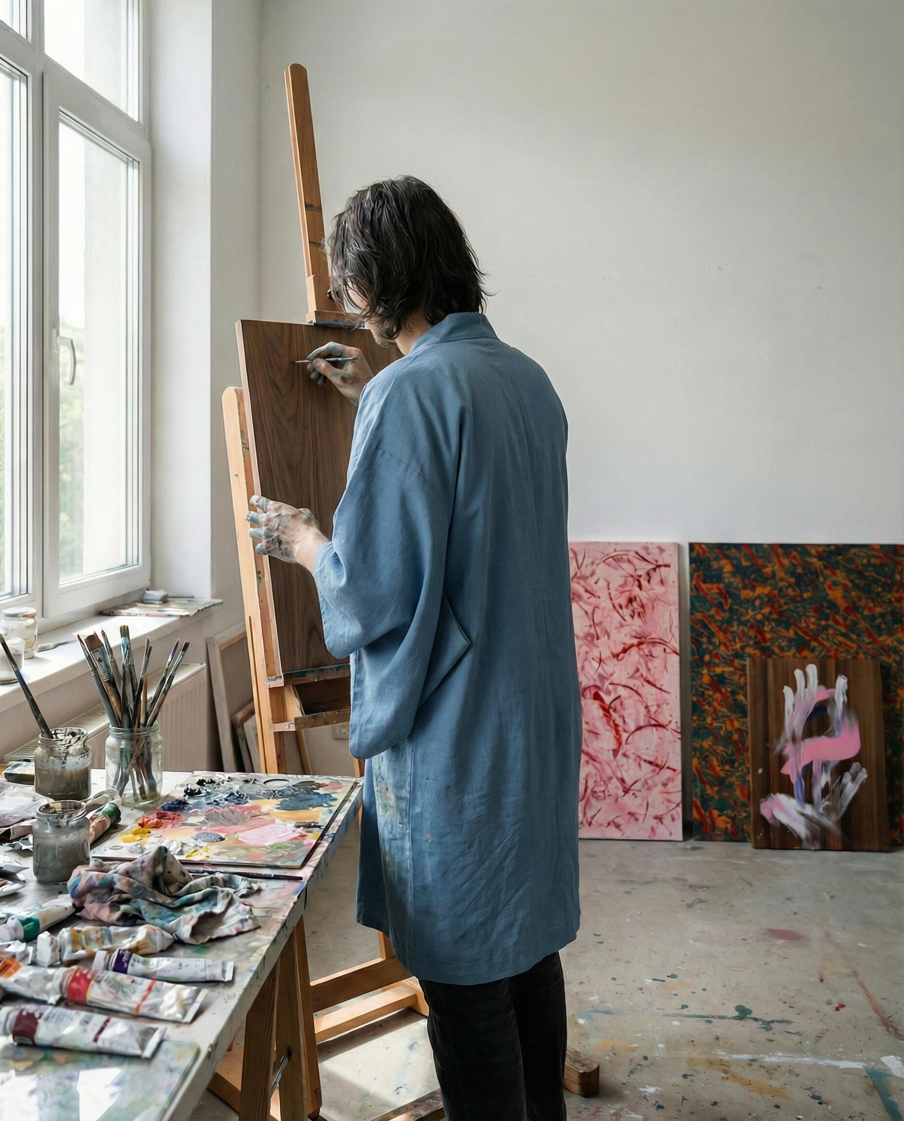 Iskander working in his studio on new panel of art Iskander Ilz. working in his studio on new a walnut veneer panel. new abstract painting in the works.